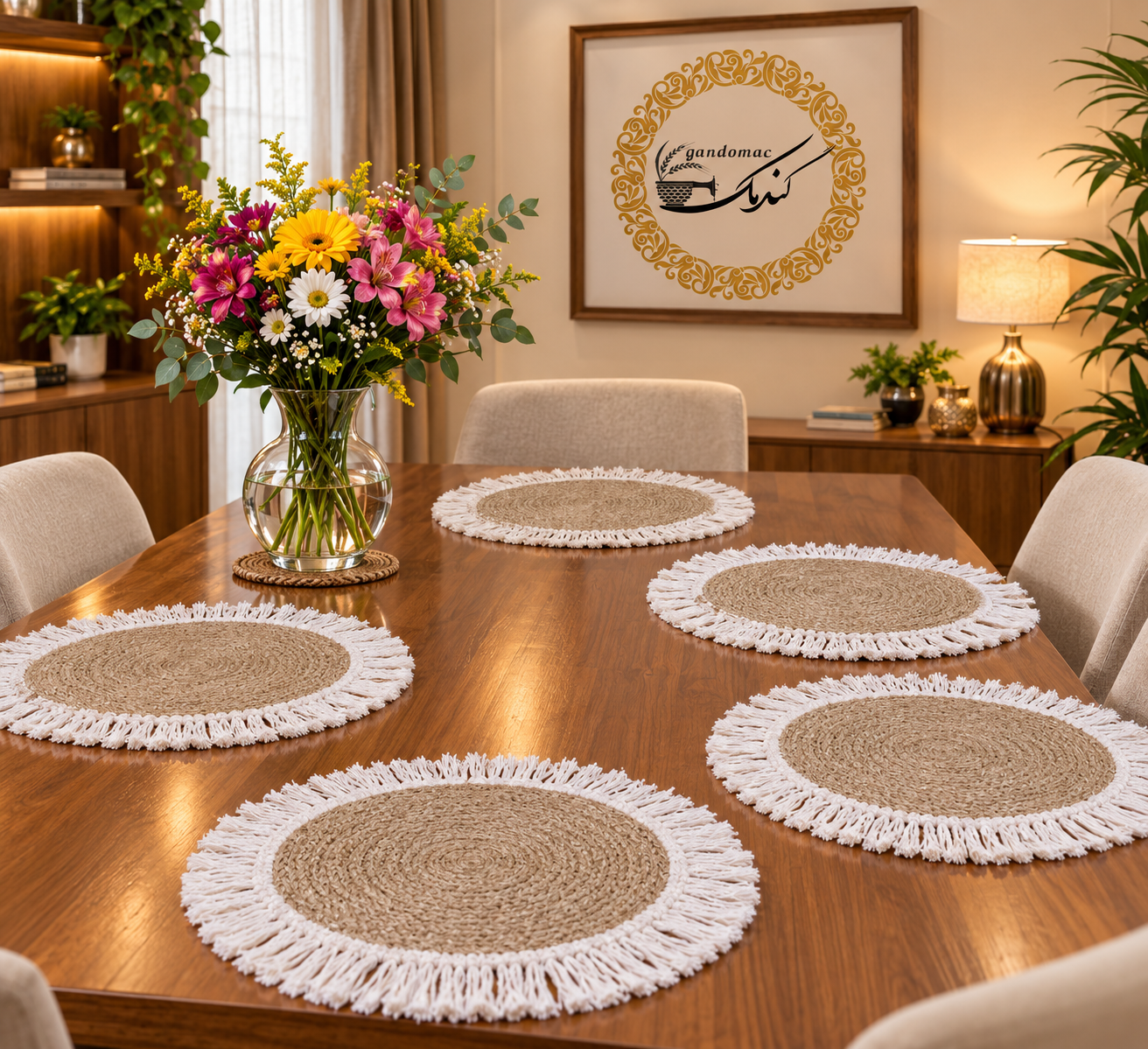رومیزی و زیربشقابی گرد ریشه‌دار