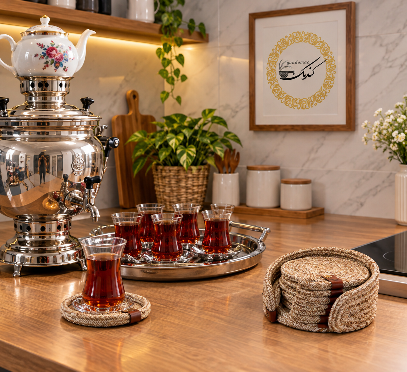 پک شش عددی زیر لیوانی و جای زیر لیوانی قیطان و استند تنها
